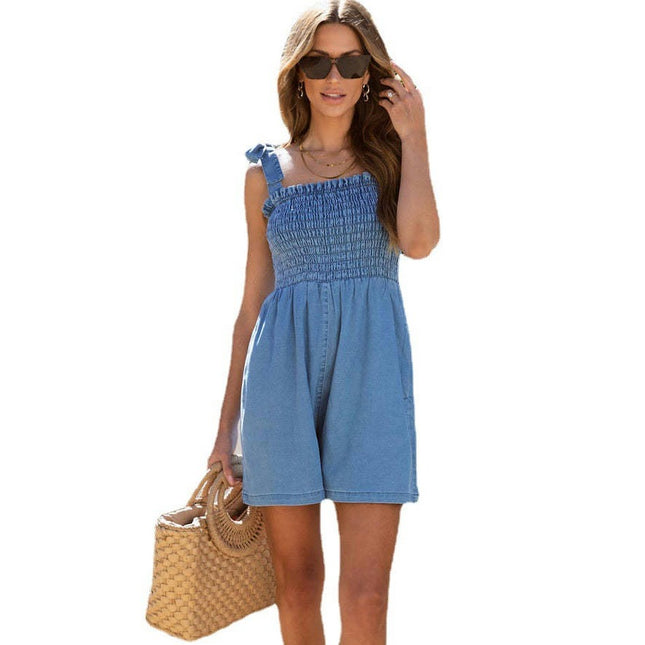 Women's Smocked Denim Romper Shorts Tie Knot Strap Wide Leg Jumpsuit