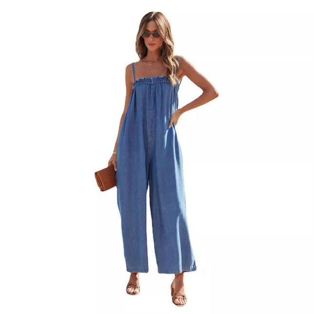 Women's Summer Denim Wide Leg Jumpsuits Sleeveless Spaghetti Strap Baggy Denim Romper