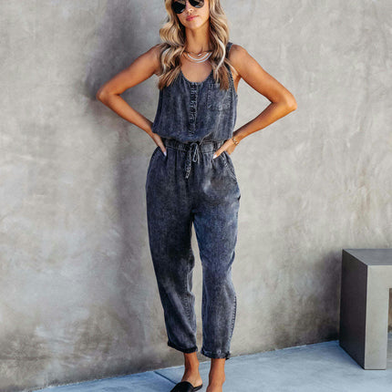 Sleeveless Denim Jumpsuit for Women Button Tank Jumpsuits Drawstring Waist Jean Romper