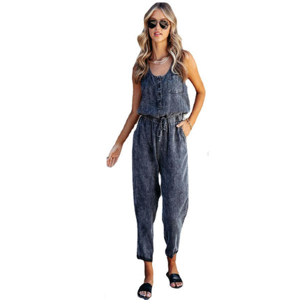 Sleeveless Denim Jumpsuit for Women Button Tank Jumpsuits Drawstring Waist Jean Romper