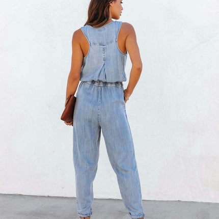 Sleeveless Denim Jumpsuit for Women Button Tank Jumpsuits Drawstring Waist Jean Romper