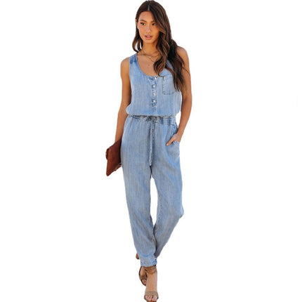 Sleeveless Denim Jumpsuit for Women Button Tank Jumpsuits Drawstring Waist Jean Romper