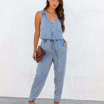 Sleeveless Denim Jumpsuit for Women Button Tank Jumpsuits Drawstring Waist Jean Romper