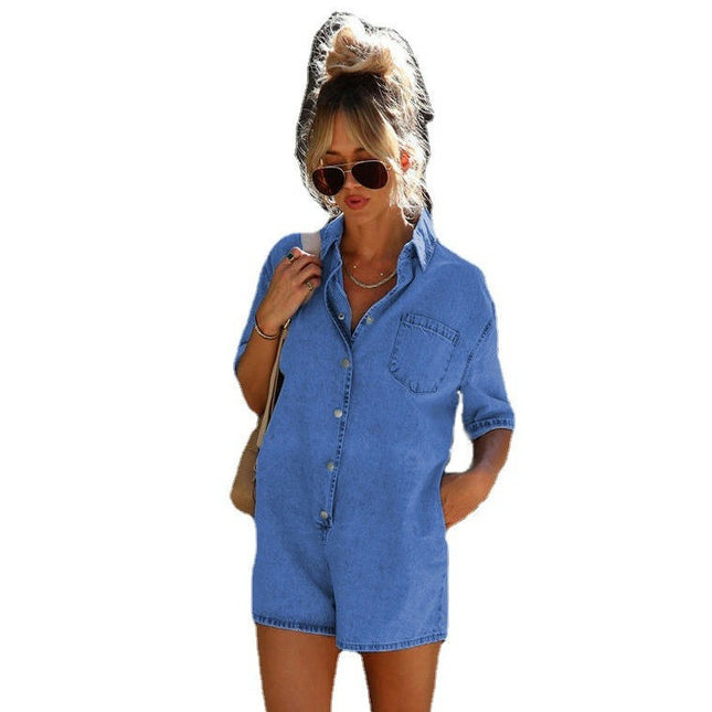 Women's Baggy Vintage Short Denim Jumpsuit Short Sleeve Button Down Jean Jumpsuit Rompers