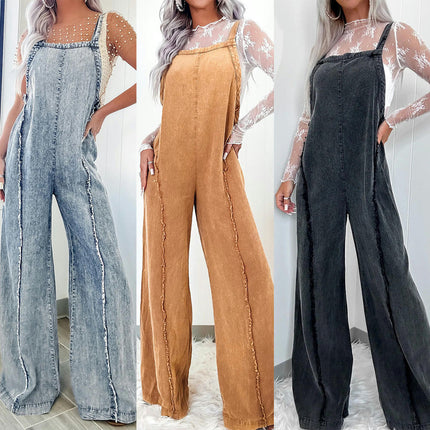 Women's Denim Jumpsuit Spaghetti Straps Sleeveless Wide Leg Flared Jeans Rompers