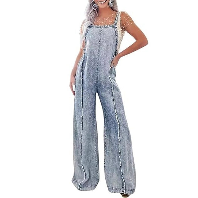 Women's Denim Jumpsuit Spaghetti Straps Sleeveless Wide Leg Flared Jeans Rompers