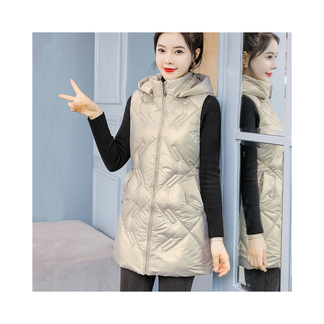 Women Hooded Long Puffer Vest Sleeveless Coat Winter Padded Gilet Jacket with Pocket