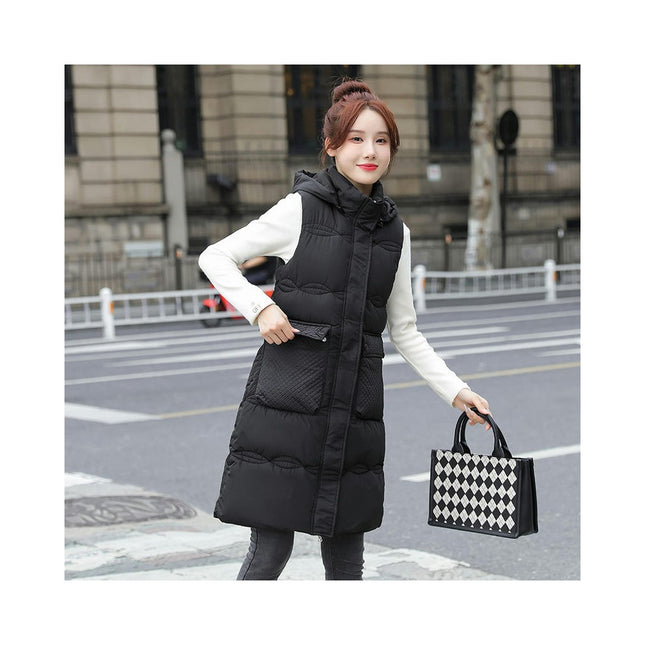 Long Puffer Vest for Women Sleeveless Hooded Jacket Full Zip with Pockets