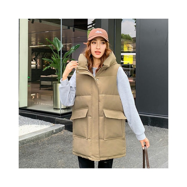 Long Puffer Vest for Women Sleeveless Full Zip Hooded Winter Quilted Jacket