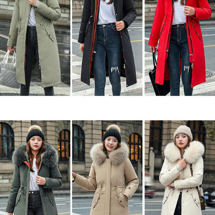 Women's Long Winter Coat Thickened Parka Warm Jacket with Faux Fur Trim Hood