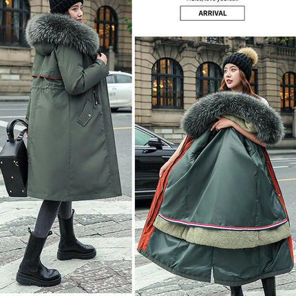 Women's Long Winter Coat Thickened Parka Warm Jacket with Faux Fur Trim Hood