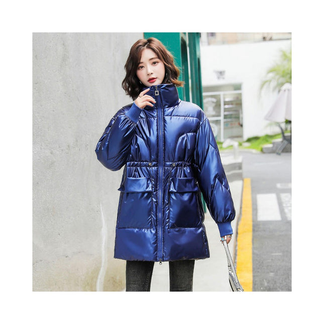 Women's Shiny Puffer Jacket Quilted Winter Warm Stand Collar Padded Coat