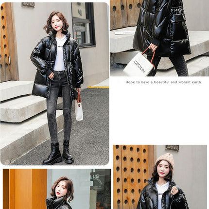 Women's Shiny Puffer Jacket Quilted Winter Warm Stand Collar Padded Coat