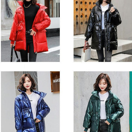 Women's Shiny Puffer Jacket Quilted Winter Warm Stand Collar Padded Coat