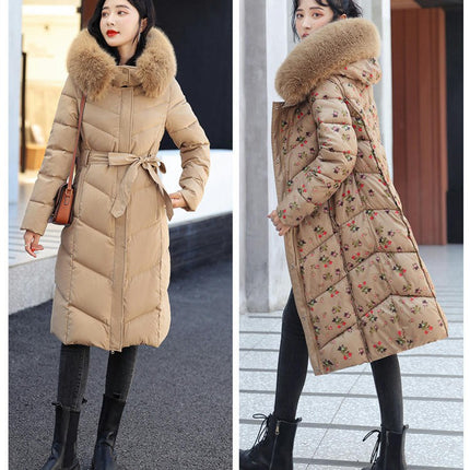 Women Thickened Warm Down Jacket with Faux Fur Hood Long Puffer Coat