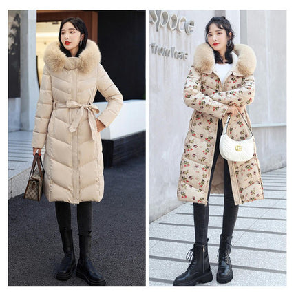 Women Thickened Warm Down Jacket with Faux Fur Hood Long Puffer Coat