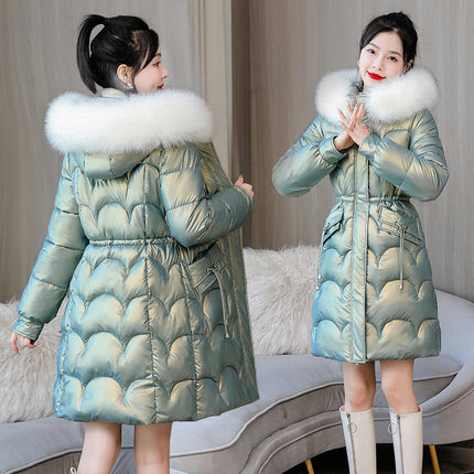 Women's Winter Warm Coats Long Drawstring Puffer Jacket with Faux Fur Trim Hood