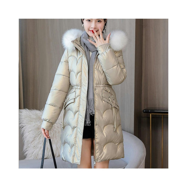 Women's Winter Warm Coats Long Drawstring Puffer Jacket with Faux Fur Trim Hood