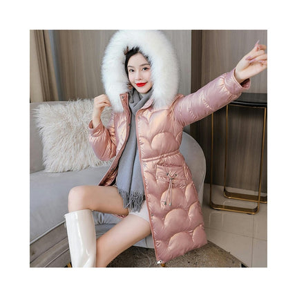 Women's Winter Warm Coats Long Drawstring Puffer Jacket with Faux Fur Trim Hood