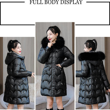 Women's Winter Warm Coats Long Drawstring Puffer Jacket with Faux Fur Trim Hood