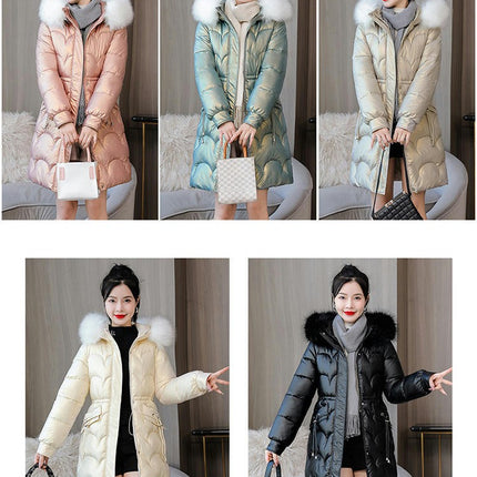 Women's Winter Warm Coats Long Drawstring Puffer Jacket with Faux Fur Trim Hood