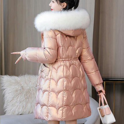 Women's Winter Warm Coats Long Drawstring Puffer Jacket with Faux Fur Trim Hood