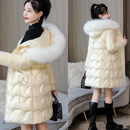 Women's Winter Warm Coats Long Drawstring Puffer Jacket with Faux Fur Trim Hood