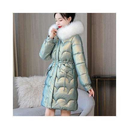 Women's Winter Warm Coats Long Drawstring Puffer Jacket with Faux Fur Trim Hood