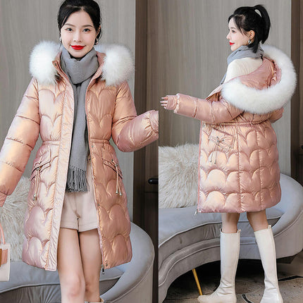 Women's Winter Warm Coats Long Drawstring Puffer Jacket with Faux Fur Trim Hood