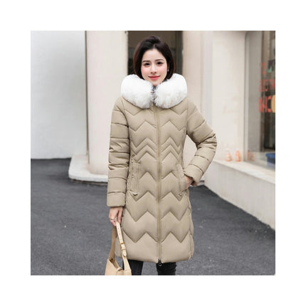 Women Long Quilted Winter Puffer Coat with Faux Fur Trim Hood