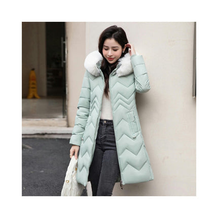 Women Long Quilted Winter Puffer Coat with Faux Fur Trim Hood