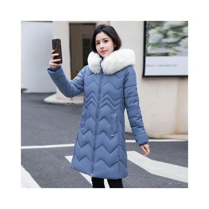 Women Long Quilted Winter Puffer Coat with Faux Fur Trim Hood