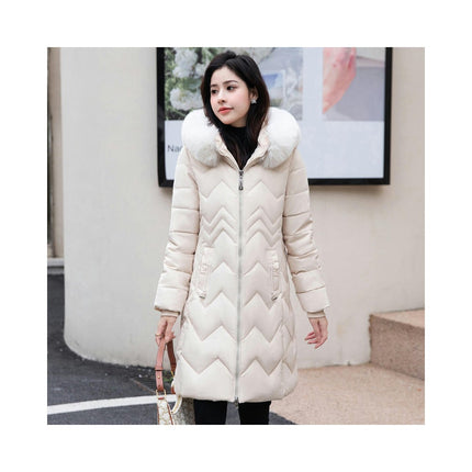 Women Long Quilted Winter Puffer Coat with Faux Fur Trim Hood