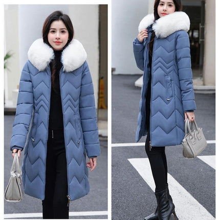 Women Long Quilted Winter Puffer Coat with Faux Fur Trim Hood