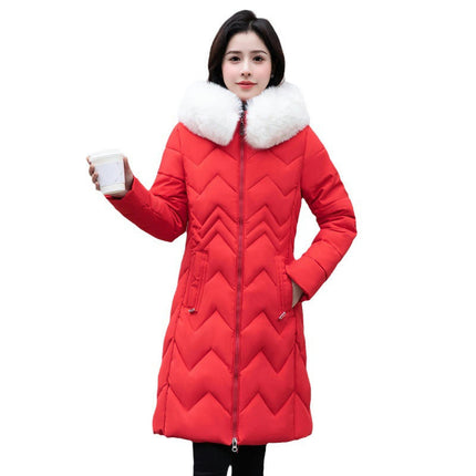 Women Long Quilted Winter Puffer Coat with Faux Fur Trim Hood