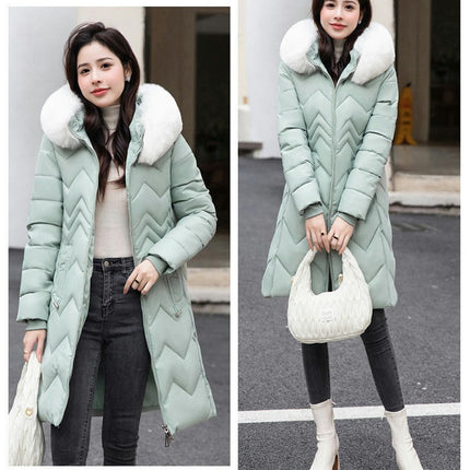 Women Long Quilted Winter Puffer Coat with Faux Fur Trim Hood