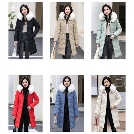 Women Long Quilted Winter Puffer Coat with Faux Fur Trim Hood