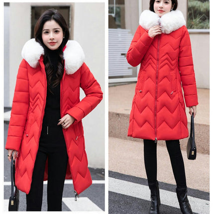 Women Long Quilted Winter Puffer Coat with Faux Fur Trim Hood