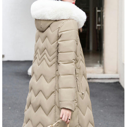 Women Long Quilted Winter Puffer Coat with Faux Fur Trim Hood