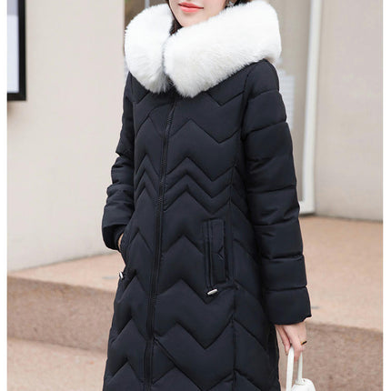 Women Long Quilted Winter Puffer Coat with Faux Fur Trim Hood