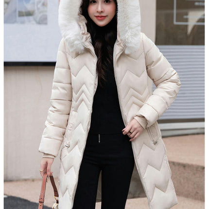 Women Long Quilted Winter Puffer Coat with Faux Fur Trim Hood