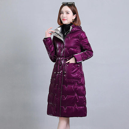 Women's Long Winter Drawstring Coat Puffer Warm Jacket with Hood