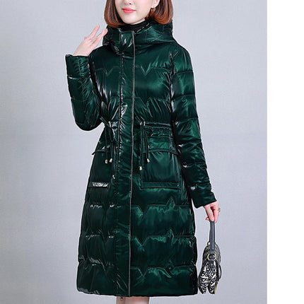 Women's Long Winter Drawstring Coat Puffer Warm Jacket with Hood