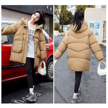 Women Mid-Length Puffer Hooded Coat Winter Padded Warm Jacket Outwear