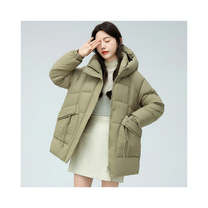 Womens Hooded Puffer Jacket Mid-Length Padded Winter Coat Outerwear