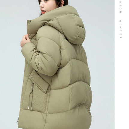 Womens Hooded Puffer Jacket Mid-Length Padded Winter Coat Outerwear