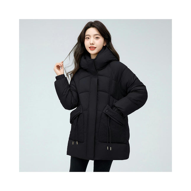 Womens Hooded Puffer Jacket Mid-Length Padded Winter Coat Outerwear