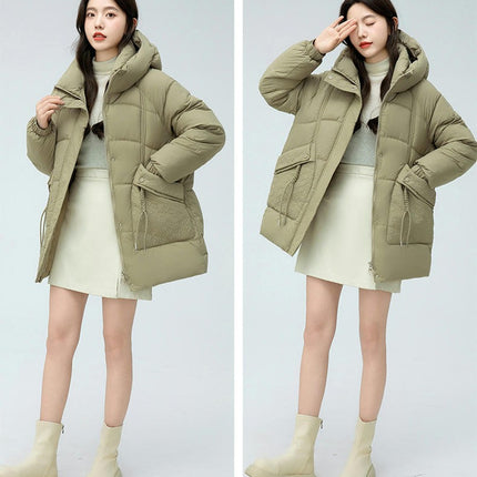 Womens Hooded Puffer Jacket Mid-Length Padded Winter Coat Outerwear