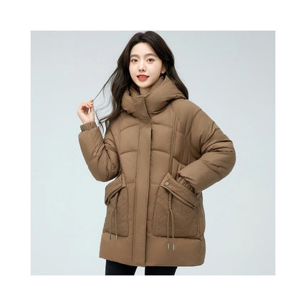 Womens Hooded Puffer Jacket Mid-Length Padded Winter Coat Outerwear