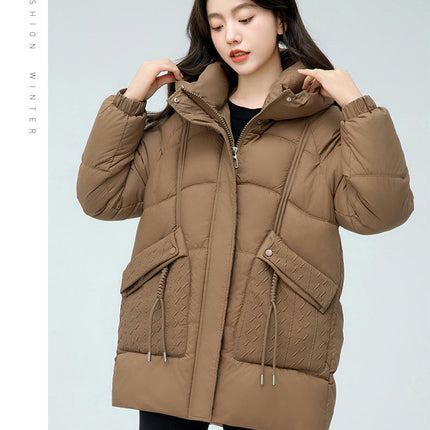 Womens Hooded Puffer Jacket Mid-Length Padded Winter Coat Outerwear